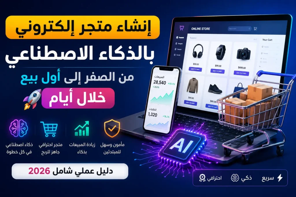 إنشاء متجر إلكتروني بالذكاء الاصطناعي خطوة بخطوة لبناء متجر احترافي وتحقيق أول بيع عبر الإنترنت باستخدام أدوات الذكاء الاصطناعي