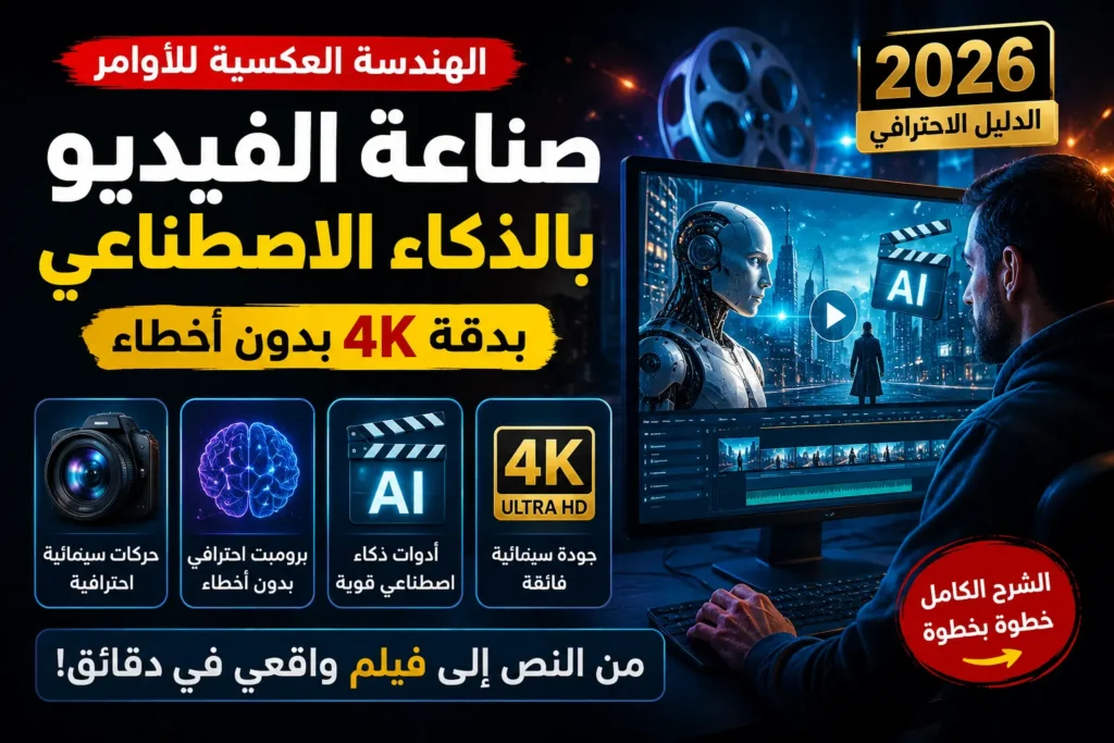 صورة مصغرة احترافية توضح شرح صناعة الفيديو بالذكاء الاصطناعي باستخدام البرومبت الهندسي، مع تصميم سينمائي يعرض مخرج يعمل على مونتاج فيديو AI بدقة 4K وتقنيات الذكاء الاصطناعي الحديثة