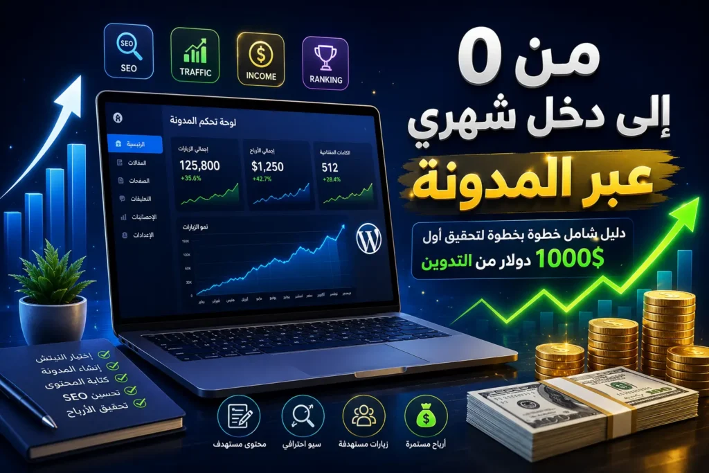 تصميم يوضح كيفية إنشاء مدونة مربحة وتحقيق دخل شهري عبر التدوين مع نمو الزيارات والسيو