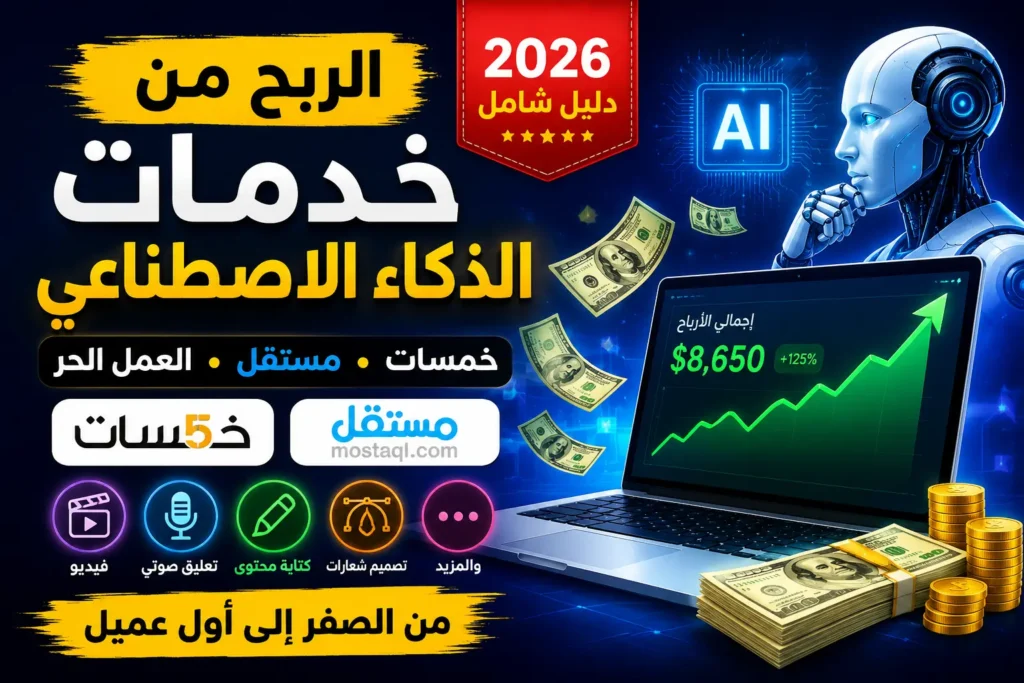 كيفية الربح من خدمات الذكاء الاصطناعي في خمسات ومستقل 2026 وتحقيق دخل من العمل الحر عبر صناعة الفيديو والتصميم والتعليق الصوتي