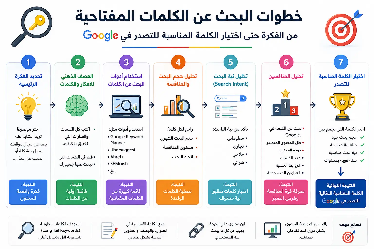 رسم توضيحي يشرح مراحل اختيار الكلمات المفتاحية وتحليل المنافسة في SEO