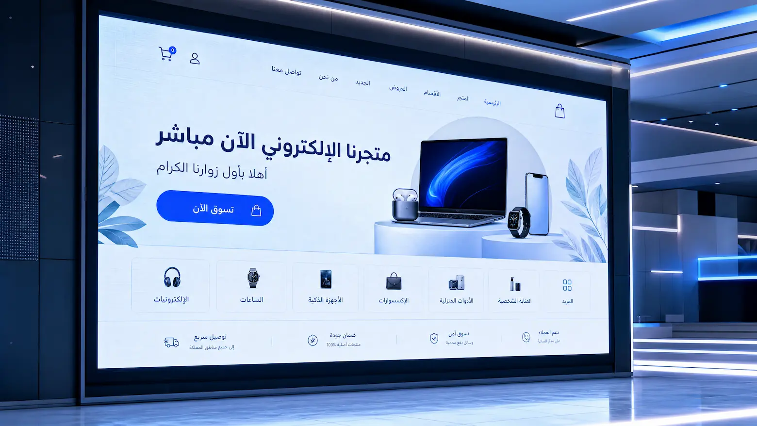 شاشة رقمية عملاقة تعرض واجهة متجر إلكتروني جديد باللغة العربية مع عبارة ترحيبية لأول الزوار بمناسبة الافتتاح الكبير