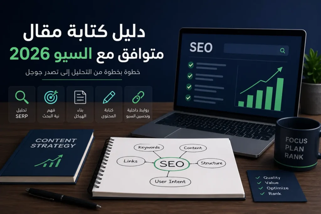 صورة غلاف احترافية لمقال يشرح كيفية كتابة مقال متوافق مع السيو في 2026 مع أدوات تحليل SEO وهيكل المحتوى وتحسين محركات البحث