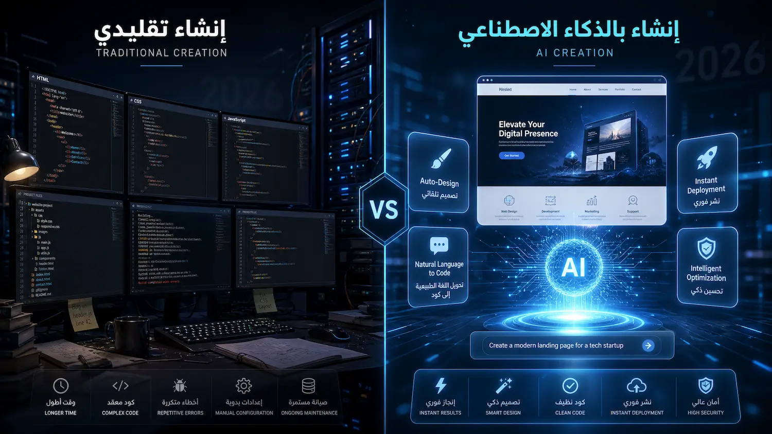 صورة مقارنة احترافية توضح الفرق بين إنشاء المواقع التقليدي عبر الأكواد المعقدة وإنشاء المواقع بالذكاء الاصطناعي المتطور في عام 2026، تظهر واجهة برمجية مظلمة مقابل واجهة ذكاء اصطناعي مضيئة ومؤتمتة.